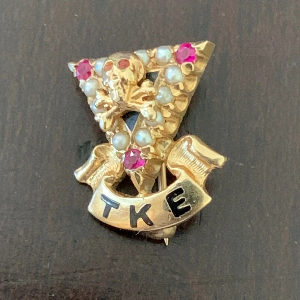 Vintage TKE 14kt Skull & Crossbones Sweetheart Pin with Ruby and Pearl Accents